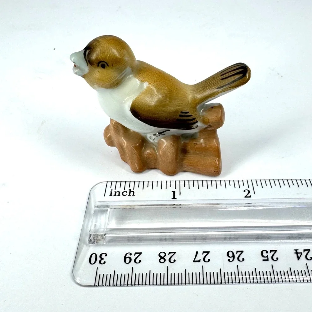 Vintage Occupied Japan Brown White Bird on Tree Stump Porcelain Figurine